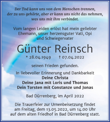Traueranzeige von Günter Reinsch von Trauerkombi Merseburg