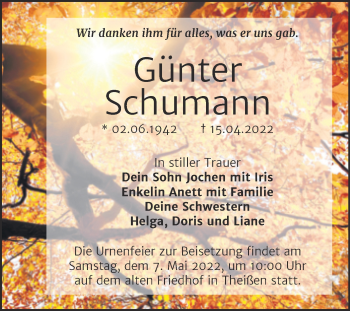 Traueranzeige von Günter Schumann von Trauerkombi Weißenfels