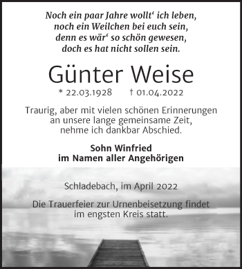 Traueranzeige von Günter Weise von Trauerkombi Merseburg