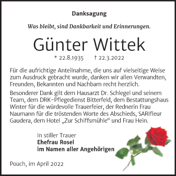 Traueranzeige von Günter Wittek von Trauerkombi Bitterfeld