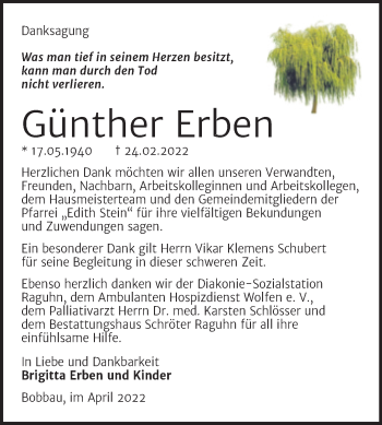 Traueranzeige von Günther Erben von Trauerkombi Bitterfeld
