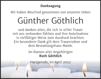 Traueranzeige von Günther Göthlich von Trauerkombi Quedlinburg