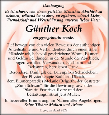Traueranzeige von Günther Koch von Trauerkombi Aschersleben
