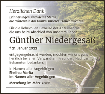 Traueranzeige von Günther Niedergesäß von Trauerkombi Merseburg