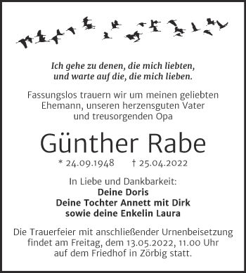 Traueranzeige von Günther Rabe von Trauerkombi Bitterfeld