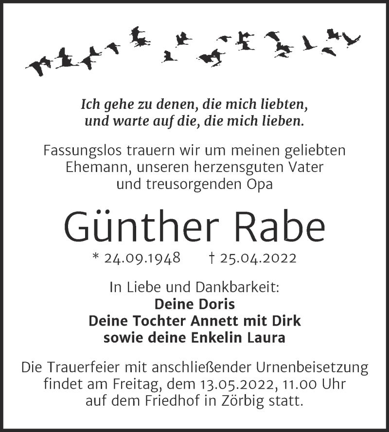  Traueranzeige für Günther Rabe vom 30.04.2022 aus Trauerkombi Bitterfeld