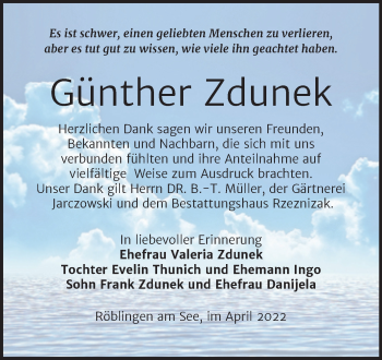 Traueranzeige von Günther Zdunek von Trauerkombi Mansfelder Land