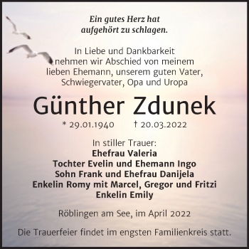 Traueranzeige von Günther Zdunek von Trauerkombi Mansfelder Land
