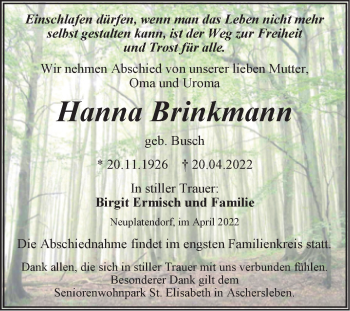 Traueranzeige von Hanna Brinkmann von Trauerkombi Aschersleben