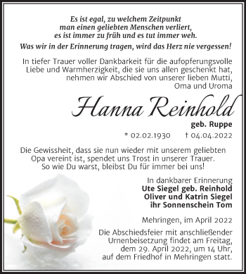 Traueranzeige von Hanna Reinhold von Trauerkombi Aschersleben