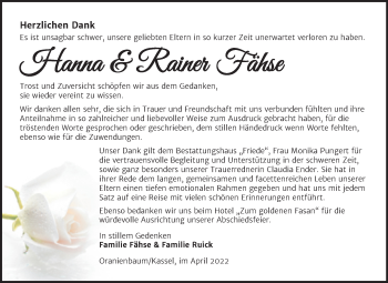 Traueranzeige von Hanna und Rainer Fähse von Trauerkombi Dessau