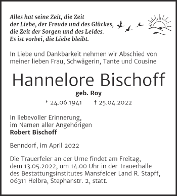 Traueranzeige von Hannelore Bischoff von Trauerkombi Mansfelder Land