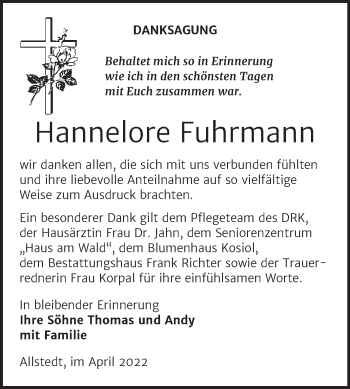 Traueranzeige von Hannelore Fuhrmann von Trauerkombi Sangerhausen