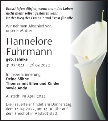 Traueranzeige von Hannelore Fuhrmann von Trauerkombi Sangerhausen