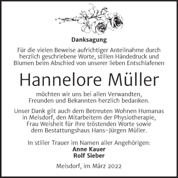 Traueranzeige von Hannelore Müller von Trauerkombi Quedlinburg
