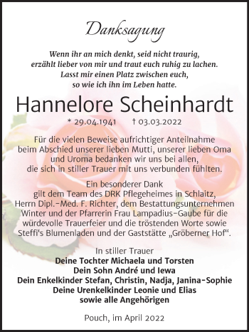 Traueranzeige von Hannelore Scheinhardt von Trauerkombi Bitterfeld