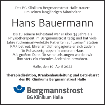 Traueranzeige von Hans Bauermann von Mitteldeutsche Zeitung Halle/Saalkreis