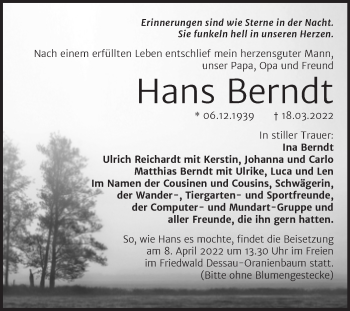 Traueranzeige von Hans Berndt von Mitteldeutsche Zeitung Dessau-Roßlau