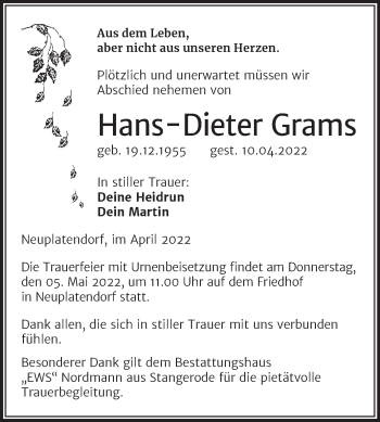 Traueranzeige von Hans-Dieter Grams von Trauerkombi Quedlinburg