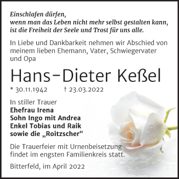 Traueranzeige von Hans-Dieter Keßel von Trauerkombi Bitterfeld