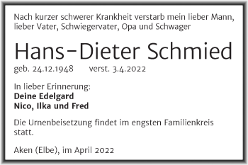Traueranzeige von Hans-Dieter Schmied von Trauerkombi Köthen