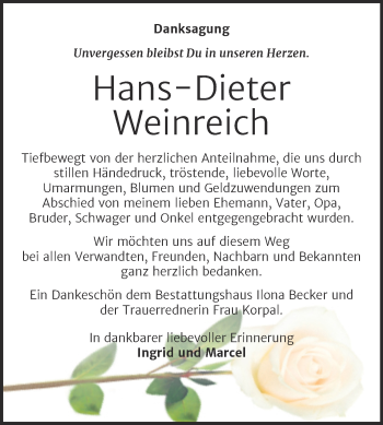 Traueranzeige von Hans-Dieter Weinreich von Trauerkombi Sangerhausen