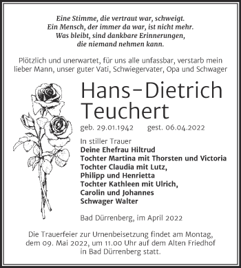 Traueranzeige von Hans-Dietrich Teuchert von Trauerkombi Merseburg