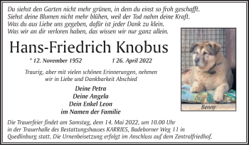 Traueranzeige von Hans-Friedrich Knobus von Trauerkombi Quedlinburg
