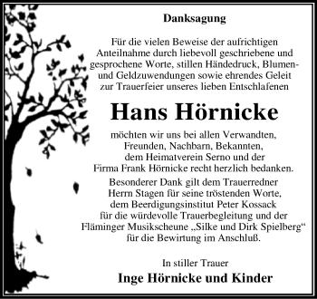 Traueranzeige von Hans Hörnicke von Trauerkombi Wittenberg