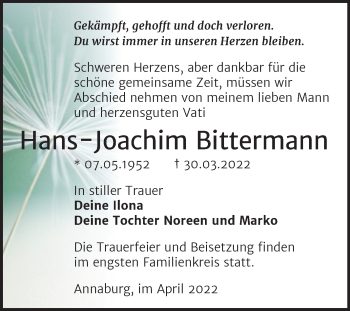 Traueranzeige von Hans-Joachim Bittermann von Trauerkombi Wittenberg