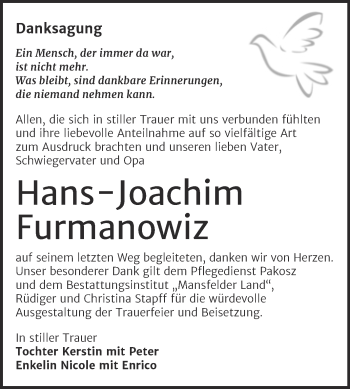 Traueranzeige von Hans-Joachim Furmanowiz von Trauerkombi Mansfelder Land