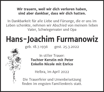 Traueranzeige von Hans-Joachim Furmanowiz von Trauerkombi Mansfelder Land