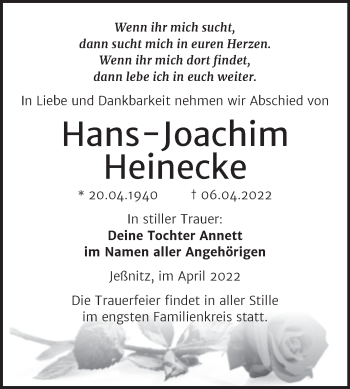 Traueranzeige von Hans-Joachim Heinecke von Trauerkombi Bitterfeld