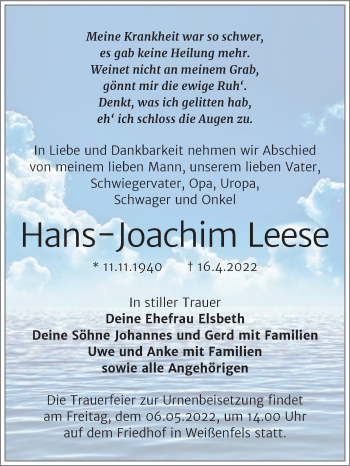 Traueranzeige von Hans-Joachim Leese von Trauerkombi Weißenfels