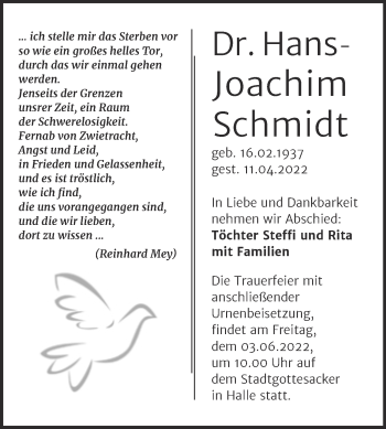 Traueranzeige von Hans-Joachim Schmidt von Mitteldeutsche Zeitung Halle/Saalkreis