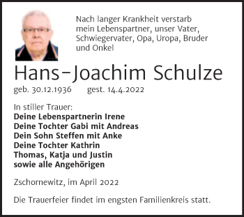 Traueranzeige von Hans-Joachim Schulze von Trauerkombi Wittenberg
