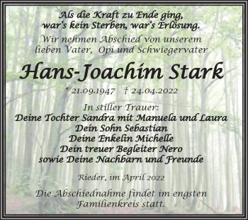 Traueranzeige von Hans-Joachim Stark von Trauerkombi Quedlinburg