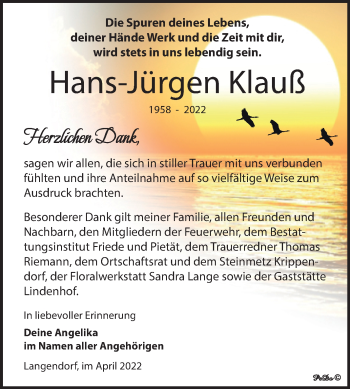 Traueranzeige von Hans-Jürgen Klauß von Trauerkombi Weißenfels
