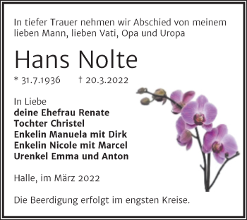 Traueranzeige von Hans Nolte von Mitteldeutsche Zeitung Halle/Saalkreis