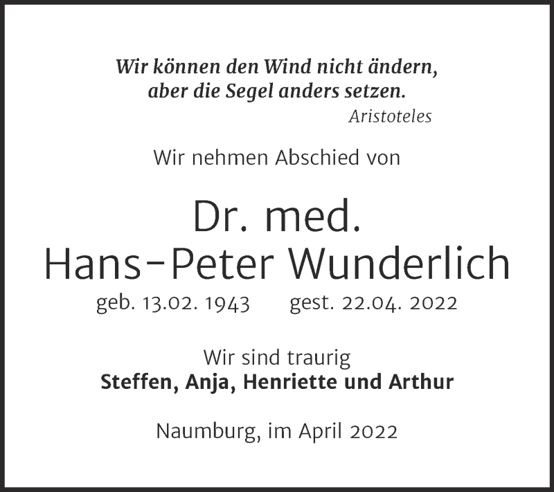  Traueranzeige für Hans-Peter Wunderlich vom 27.04.2022 aus Naumburger Tageblatt