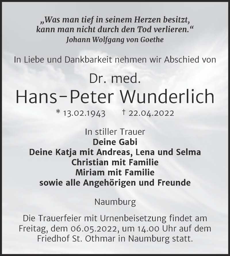  Traueranzeige für Hans-Peter Wunderlich vom 27.04.2022 aus Naumburger Tageblatt