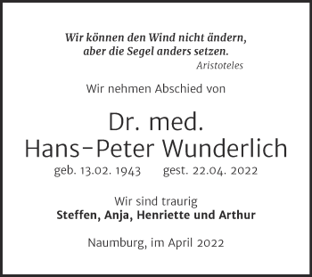 Traueranzeige von Hans-Peter Wunderlich von Naumburger Tageblatt