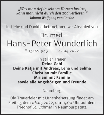 Traueranzeige von Hans-Peter Wunderlich von Naumburger Tageblatt