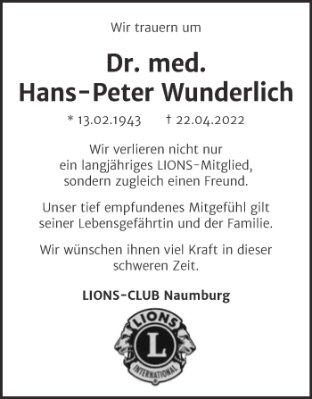 Traueranzeige von Hans-Peter Wunderlich von Naumburger Tageblatt