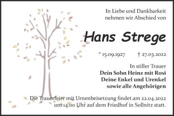 Traueranzeige von Hans Strege von Trauerkombi Dessau