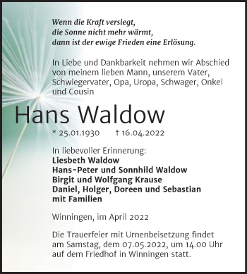 Traueranzeige von Hans Waldow von Trauerkombi Aschersleben