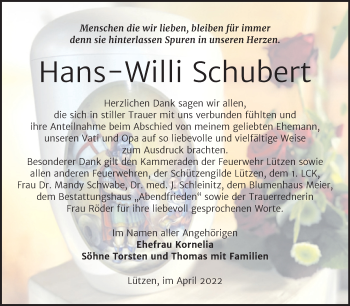 Traueranzeige von Hans-Willi Schubert von Trauerkombi Weißenfels