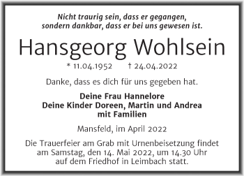 Traueranzeige von Hansgeorg Wohlsein von Trauerkombi Mansfelder Land