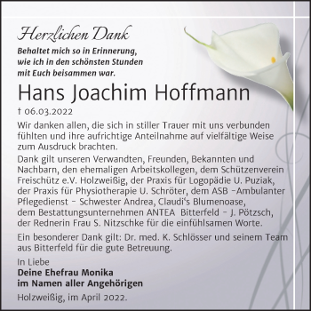 Traueranzeige von Hans Joachim Hoffmann von Trauerkombi Bitterfeld