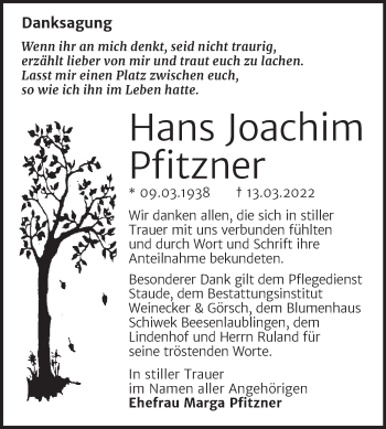 Traueranzeige von Hans Joachim Pfitzner von Trauerkombi Bernburg